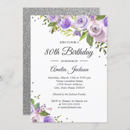 Purple Silver Sparkle Floral 80th Birthday Invite