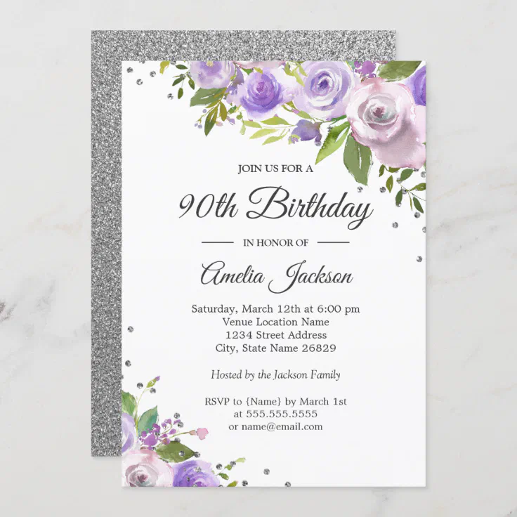 Purple Silver Sparkle Floral 90th Birthday Invite | Zazzle