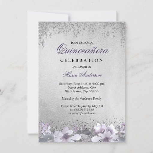 Purple Silver Sparkle Floral Dress Quinceanera Invitation | Zazzle