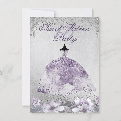 Purple Silver Sparkle Floral Dress Sweet 16 Invite