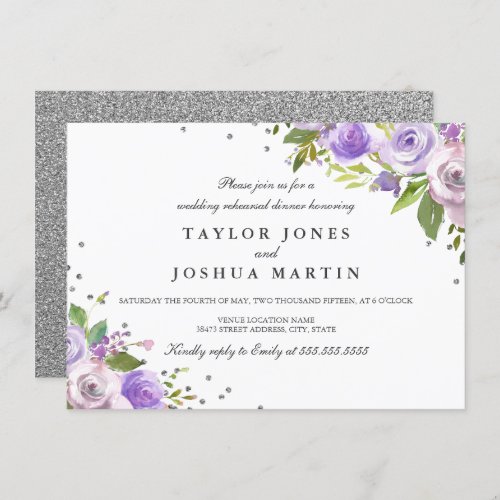 Purple Silver Sparkle Floral Rehearsal Dinner Invitation