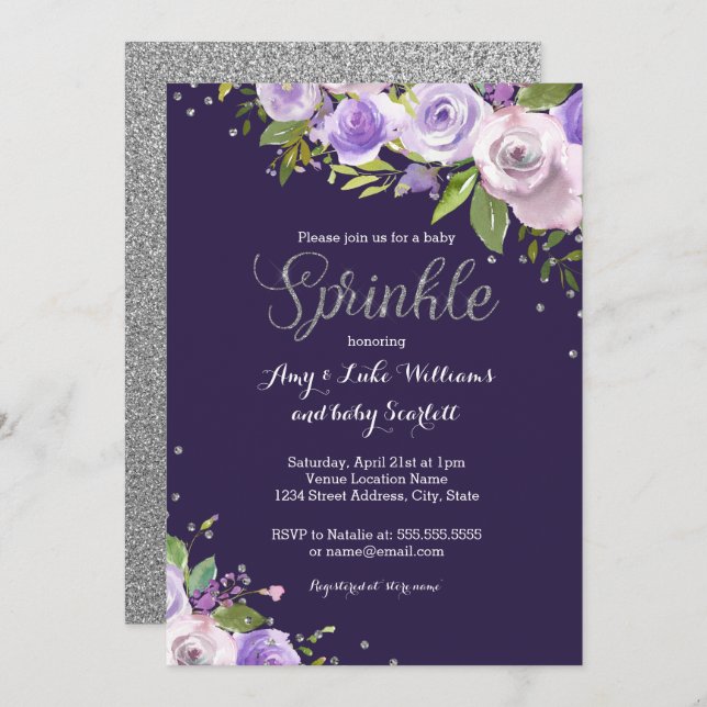 Purple Silver Sparkle Floral Sprinkle Baby Shower Invitation (Front/Back)