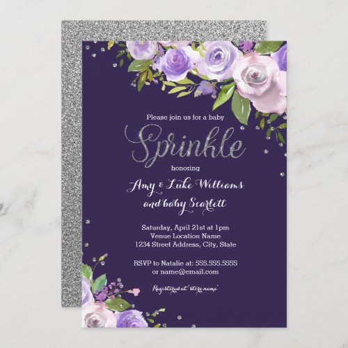 Purple Silver Sparkle Floral Sprinkle Baby Shower Invitation