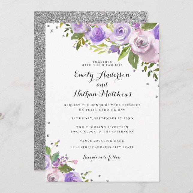 Purple Silver Sparkle Floral Wedding Invitation (Front/Back)
