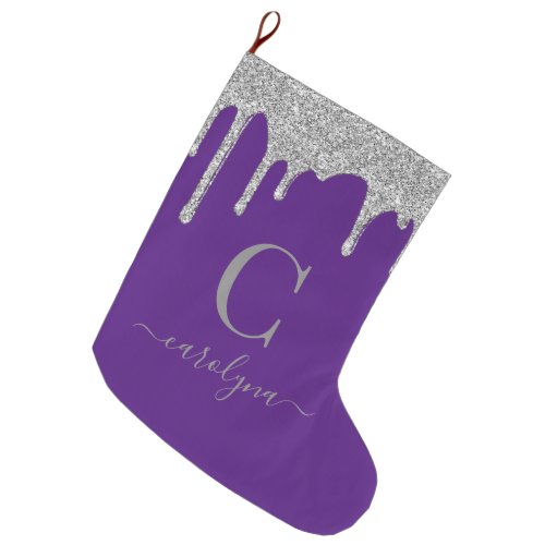 Purple Silver Sparkle Glitter Drips Monogram Large Christmas Stocking