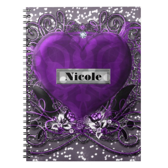 Purple & Silver Sparkle Heart Gothic Glam Notebook (Front)