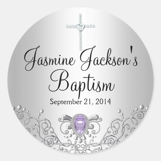 Purple Silver Sparkle Jewel Baptism Sticker (Front)