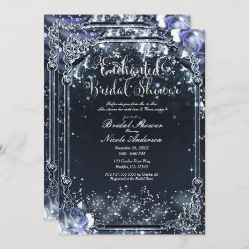 Purple Silver Sparkle Lights Roses Bridal Shower  Invitation