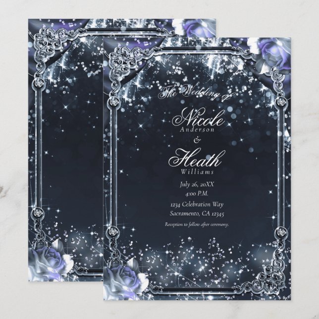 Purple Silver Sparkle Lights & Roses Wedding Invitation (Front/Back)