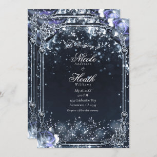 Purple Silver Sparkle Lights & Roses Wedding Invitation