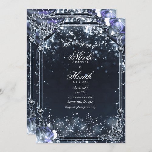 Purple Silver Sparkle Lights  Roses Wedding Invitation