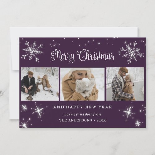 Purple Silver Sparkly Snowflake Photo Collage Holiday Card