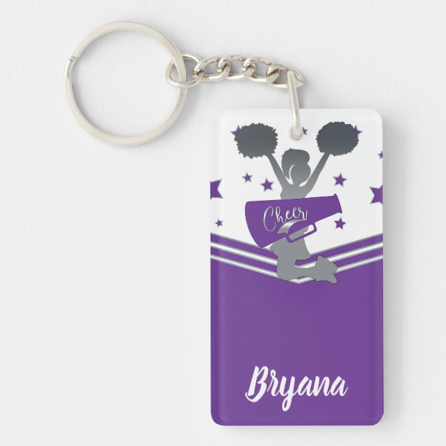 Purple Silver Stars Cheer-leading Personalized Keychain (Front)