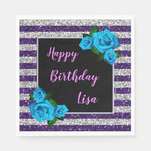 Purple Silver Stripes Glitter Blue Roses Birthday Napkins