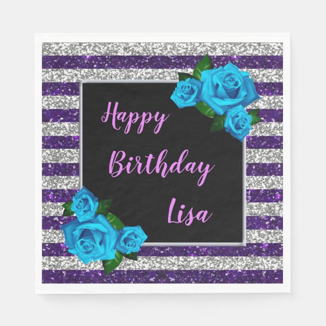 Purple Silver Stripes Glitter Blue Roses Birthday Napkins (Front)