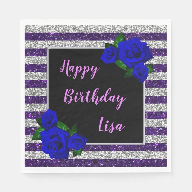 Purple Silver Stripes Glitter Deep Blue Roses Napkins (Front)