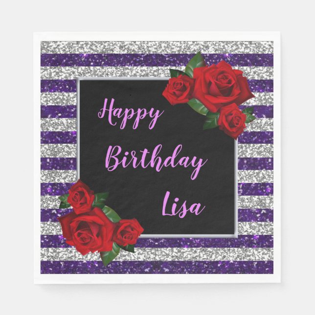 Purple Silver Stripes Glitter Red Roses Birthday Napkins (Front)