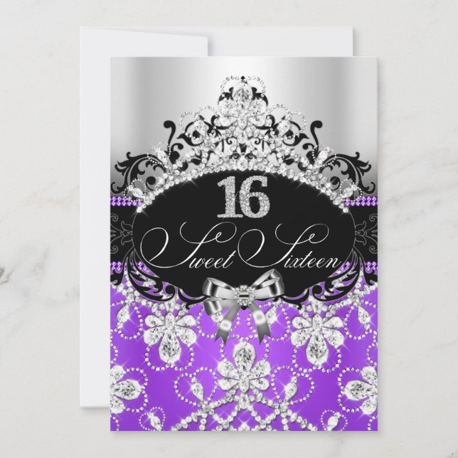 Purple Silver Sweet 16 Sparkle Tiara Birthday Invitation (Front)