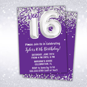 Purple Silver Sweet 16th Birthday Party Invitation