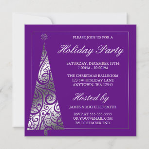 Purple Silver Swirl Christmas Tree Holiday Party Invitation