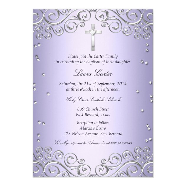 Purple Silver Swirl & Cross Baptism/Christening Invitation