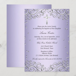 Purple Silver Swirl & Cross Baptism/Christening Invitation