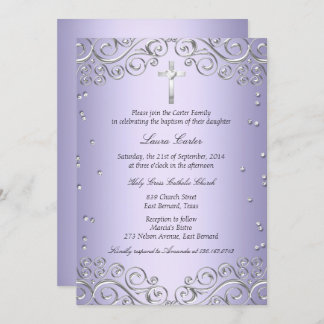 Purple Silver Swirl & Cross Baptism/Christening Invitation