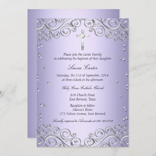 Purple Silver Swirl  Cross BaptismChristening Invitation