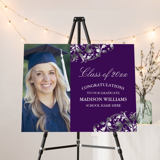 Purple Silver Swirl Photo Graduation Foam Board (In Situ (Stand))