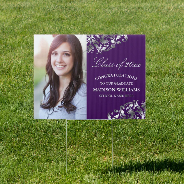 Purple Silver Swirl Photo Graduation Yard Sign | Zazzle