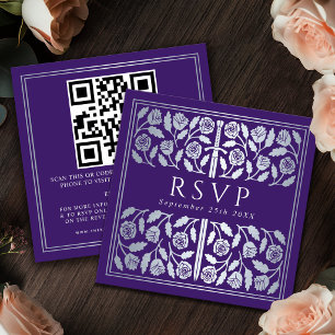 Purple Silver Sword Royal Wedding RSVP QR Code Enclosure Card