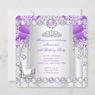 Purple Silver Tiara High Heel Pearl Birthday Invitation