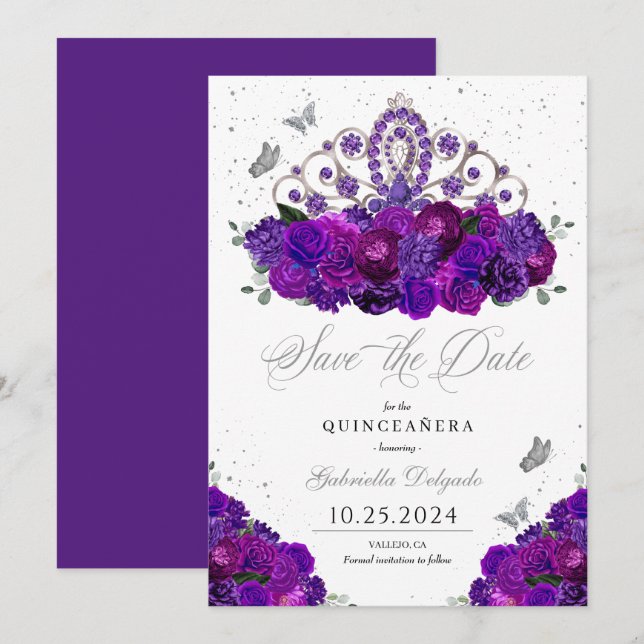 Purple & Silver Tiara Save The Date Quinceañera Invitation (Front/Back)