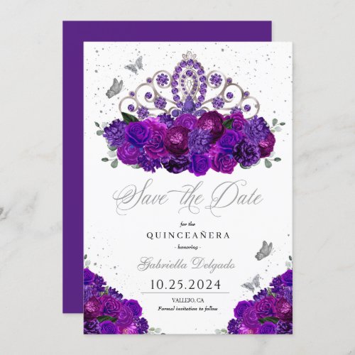 Purple  Silver Tiara Save The Date Quinceaera Invitation