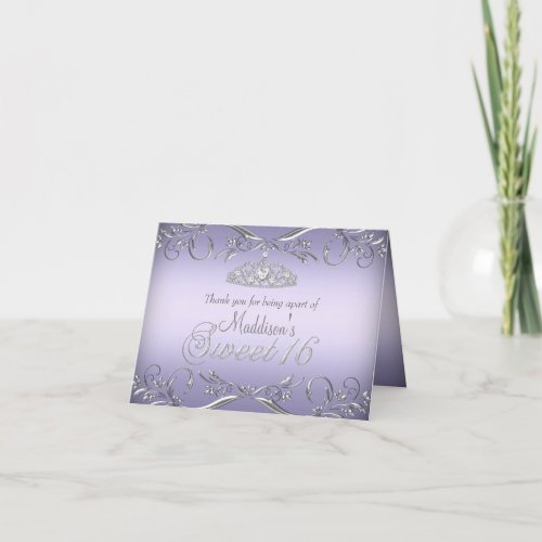 Purple  Silver Tiara Sweet 16 Thank You Card