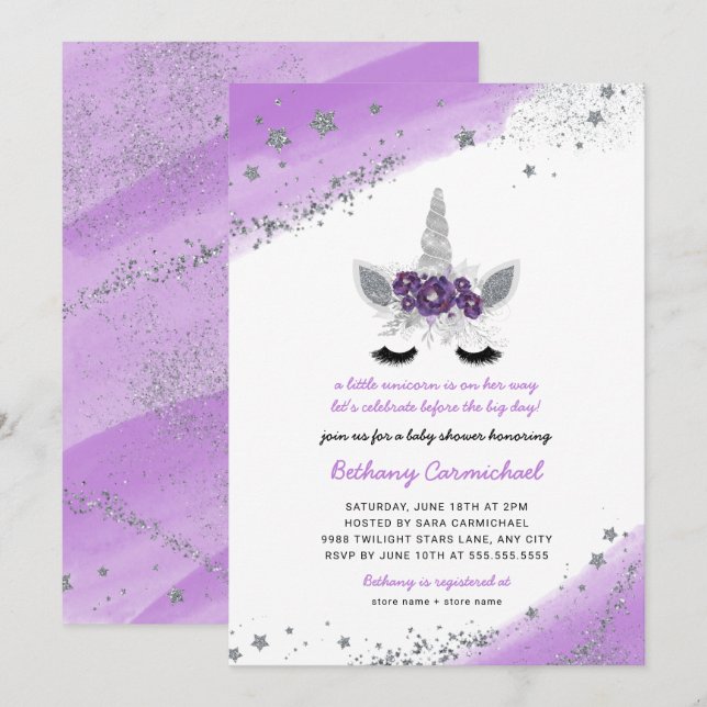 Purple Silver Unicorn Baby Shower Invitation (Front/Back)