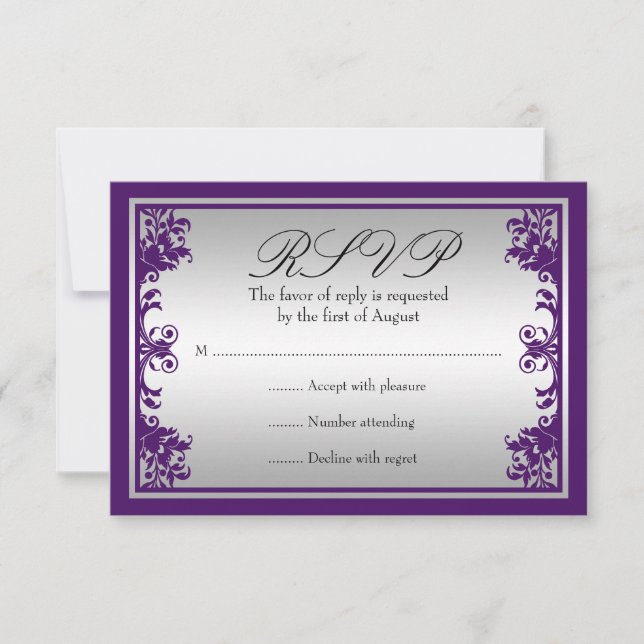 Purple Silver Vintage Flourish Scroll Wedding RSVP (Front)