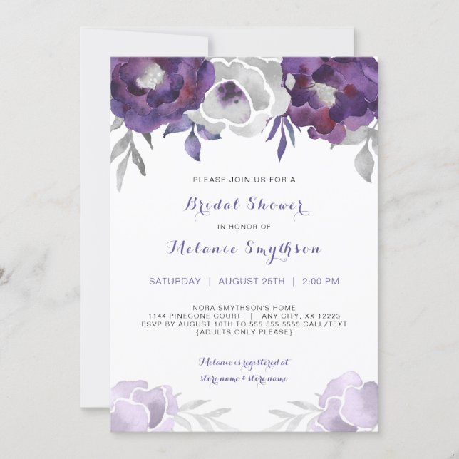 Purple Silver Watercolor Floral bridal shower 3963 Invitation (Front)