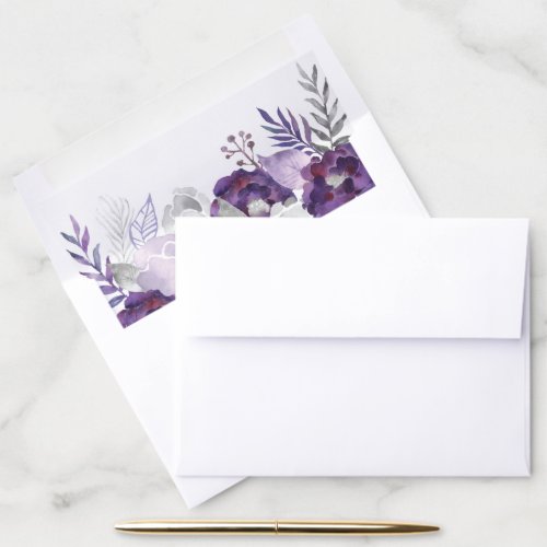 Purple & Silver Watercolor Floral Wedding Envelope Liner