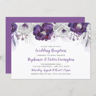 Purple Silver Watercolor Floral wedding reception Invitation