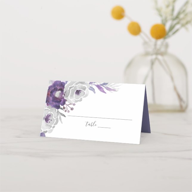 Purple Silver Watercolor Floral Wedding Reception Place Card (Front)