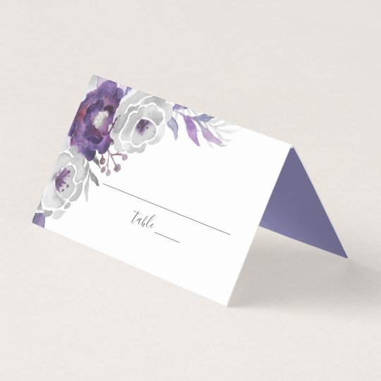 Purple Silver Watercolor Floral Wedding Reception Place Card
