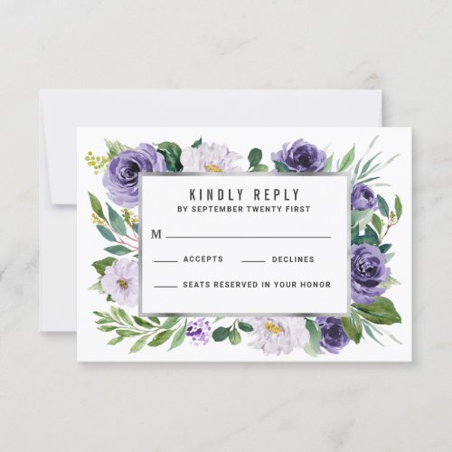 Purple Silver Watercolor Floral Wedding RSVP Cards