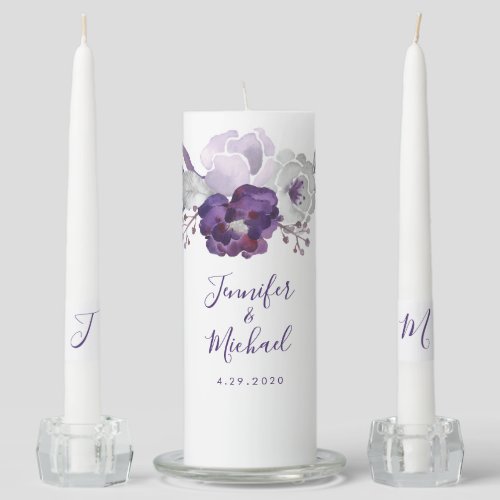 Purple  Silver Watercolor Floral Wedding Unity Candle Set