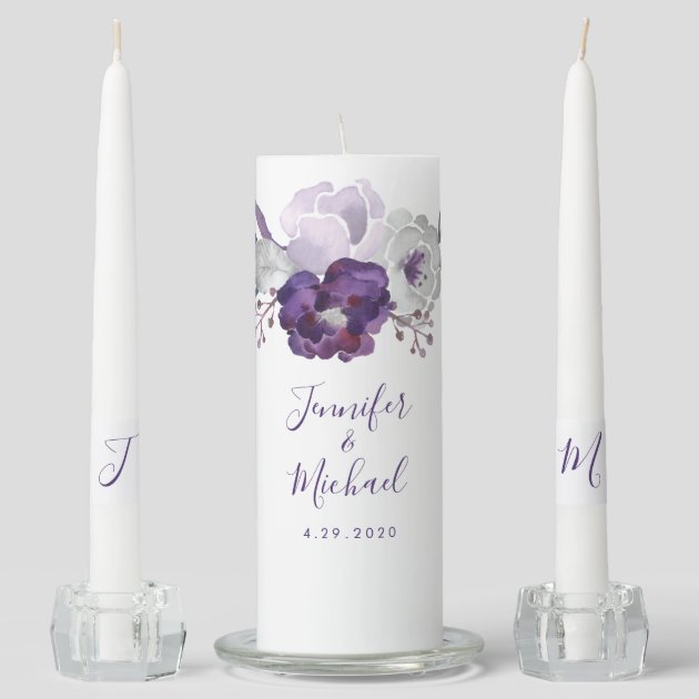 Purple Silver Watercolor Floral Wedding Unity Candle Set Zazzle