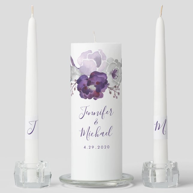 Purple & Silver Watercolor Floral Wedding Unity Candle Set (Front)