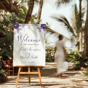 Purple & Silver Watercolor Floral Wedding Welcome Foam Board