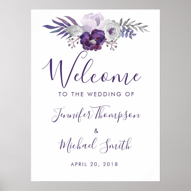 Purple & Silver Watercolor Floral Wedding Welcome Poster