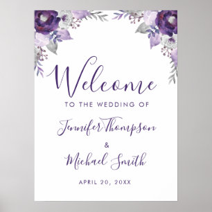 Purple & Silver Watercolor Floral Wedding Welcome Poster
