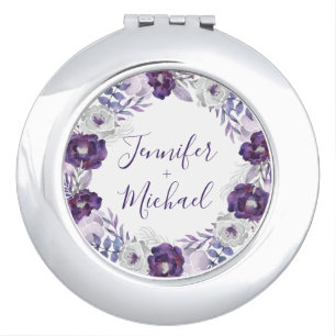 Purple & Silver Watercolor Floral Wreath Button Compact Mirror